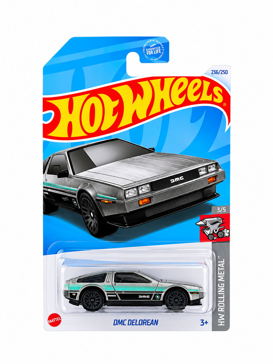 Carro de colección a escala DMC DeLorean en acabado plateado con detalles negros y turquesa.