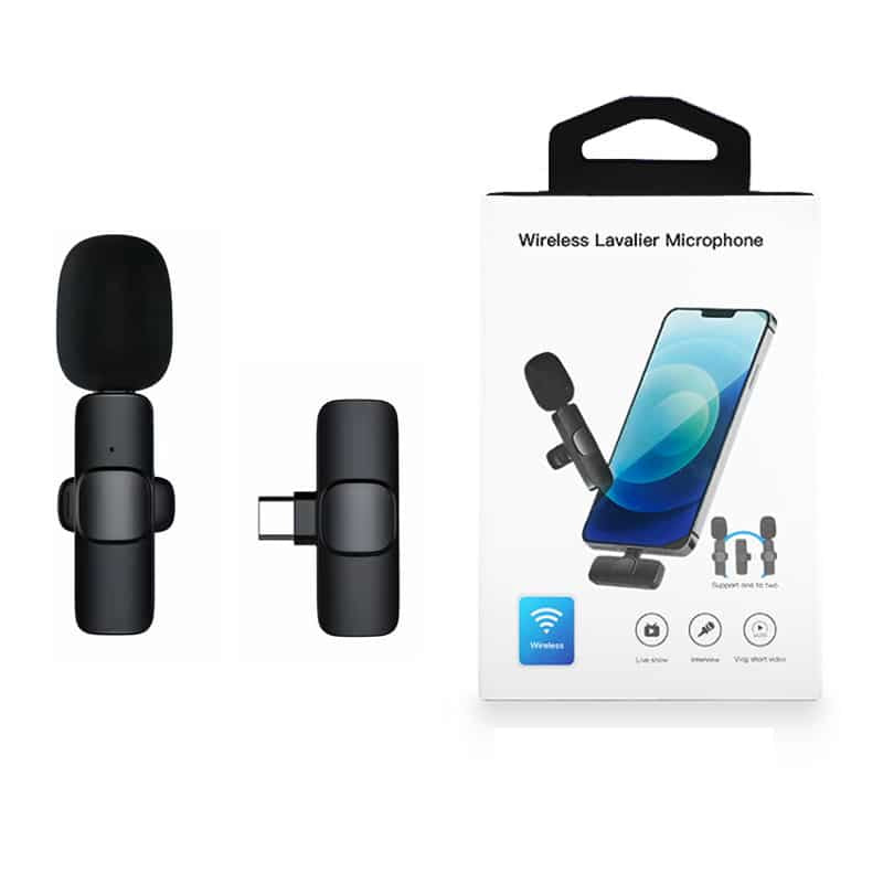 Micrófono inalámbrico diseñado para usarse con teléfonos inteligentes, como se muestra en la caja.