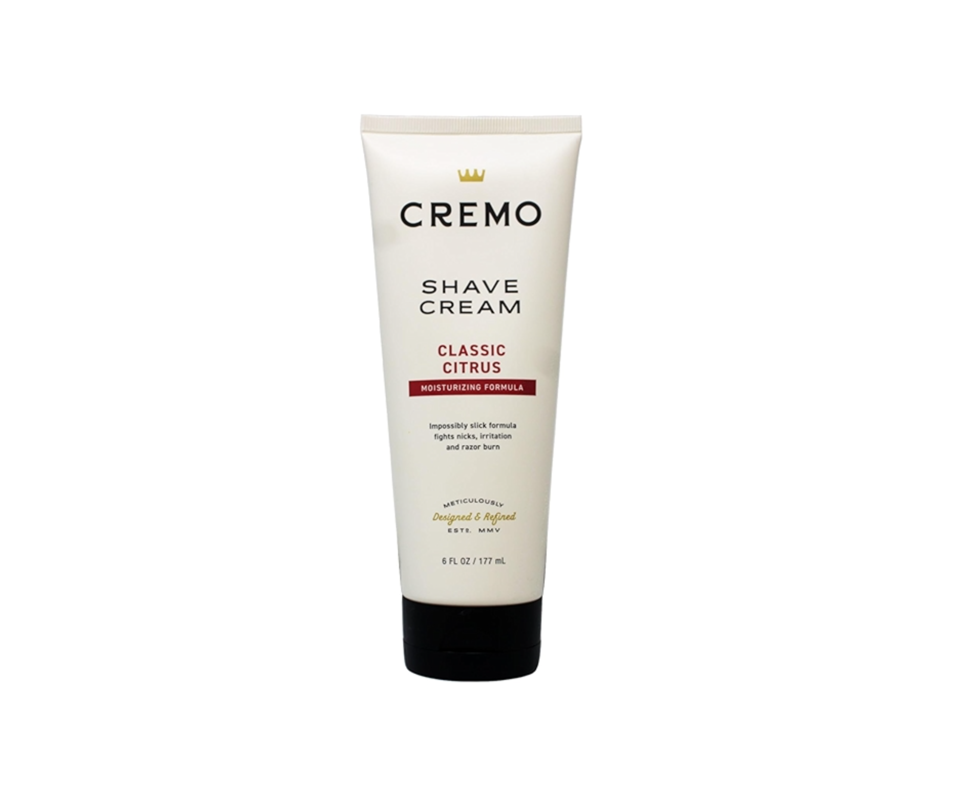 Crema de afeitar, presentada en un tubo de 6 onzas líquidas, utiliza moléculas únicas que se vuelven altamente lubricantes al mezclarse con agua, permitiendo que la cuchilla se deslice sin esfuerzo.