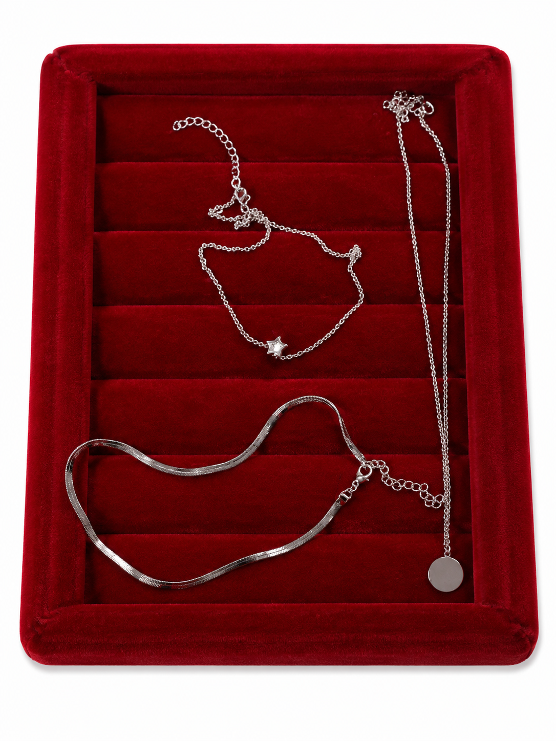 Set de Collares Plateados Minimalistas para Mujer – Collar Estrella, Cadena Lisa y Dije Circular Elegante.