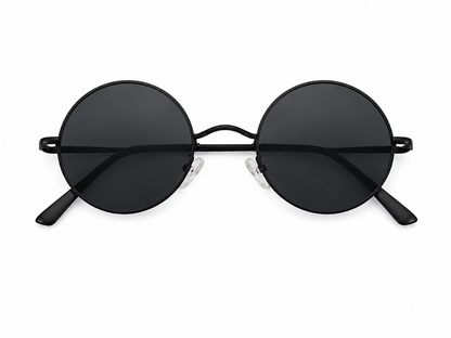 Gafas de Sol Redondas con Lentes Oscuros y Montura Metálica Negra.