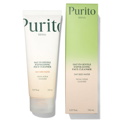 Limpiador facial exfoliante suave, diseñado con agua de semilla de avena para calmar e hidratar la piel