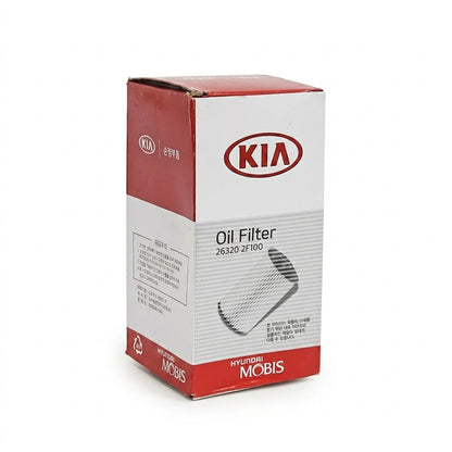 Filtro de aceite número de parte 26320-2F100, compatible con vehículos diésel de Hyundai y Kia como el Santa Fe, Tucson, Sorento y Sportage.