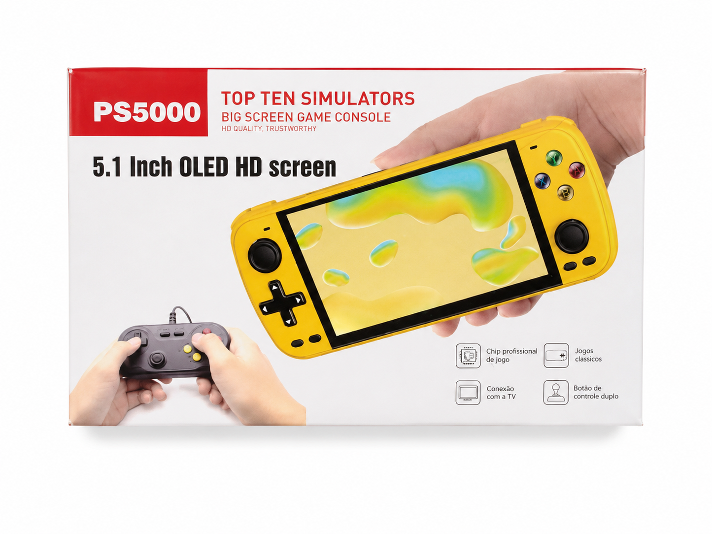 Consola portátil de videojuegos con pantalla HD de 5.1 pulgadas y control inalámbrico.
