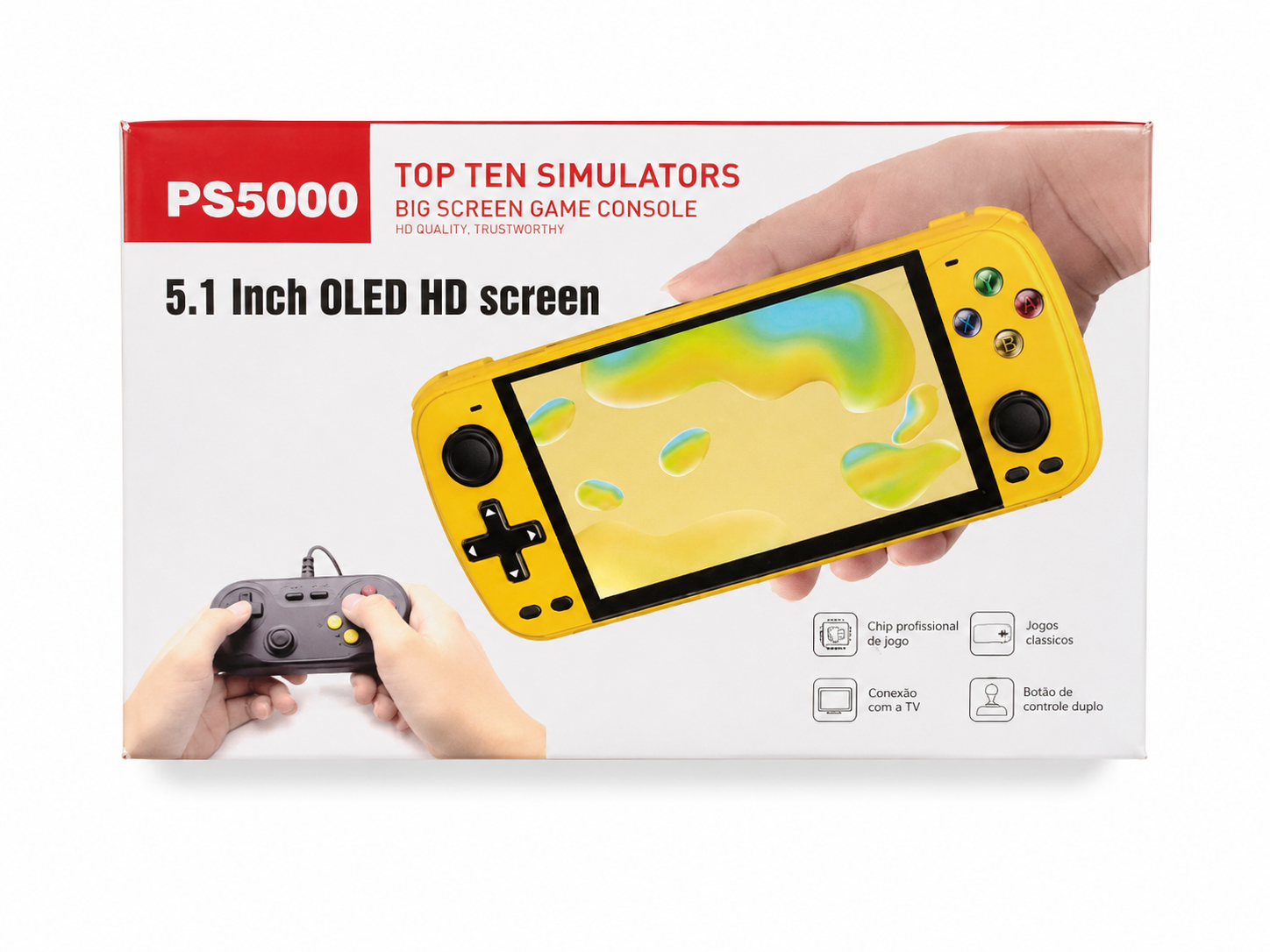 Consola portátil de videojuegos con pantalla HD de 5.1 pulgadas y control inalámbrico.