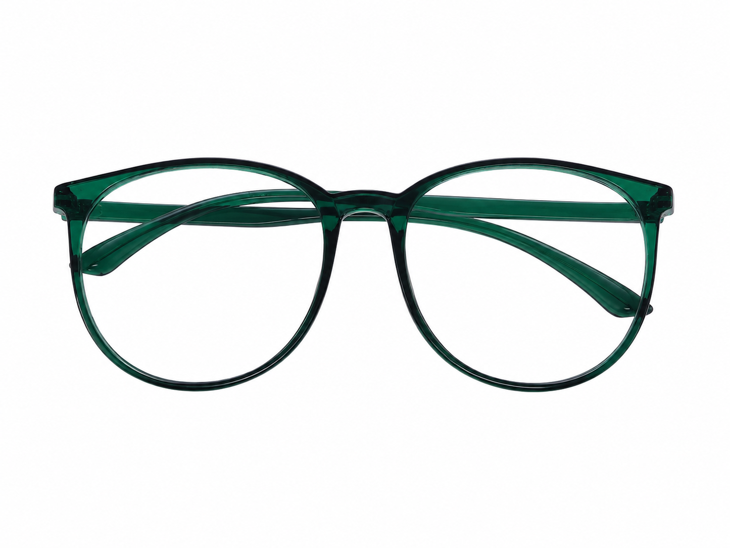 Lentes de diseño redondo en color verde con montura translúcida.