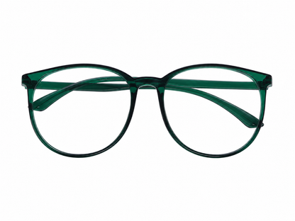 Lentes de diseño redondo en color verde con montura translúcida.