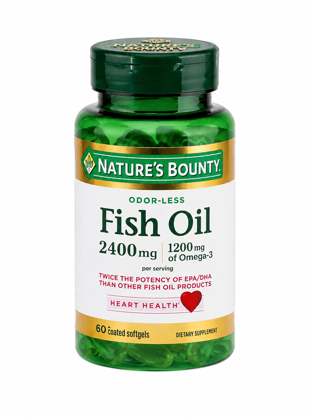 Suplemento de aceite de pescado sin olor 2400 mg con 1200 mg de omega-3 por porción, 60 cápsulas blandas recubiertas.