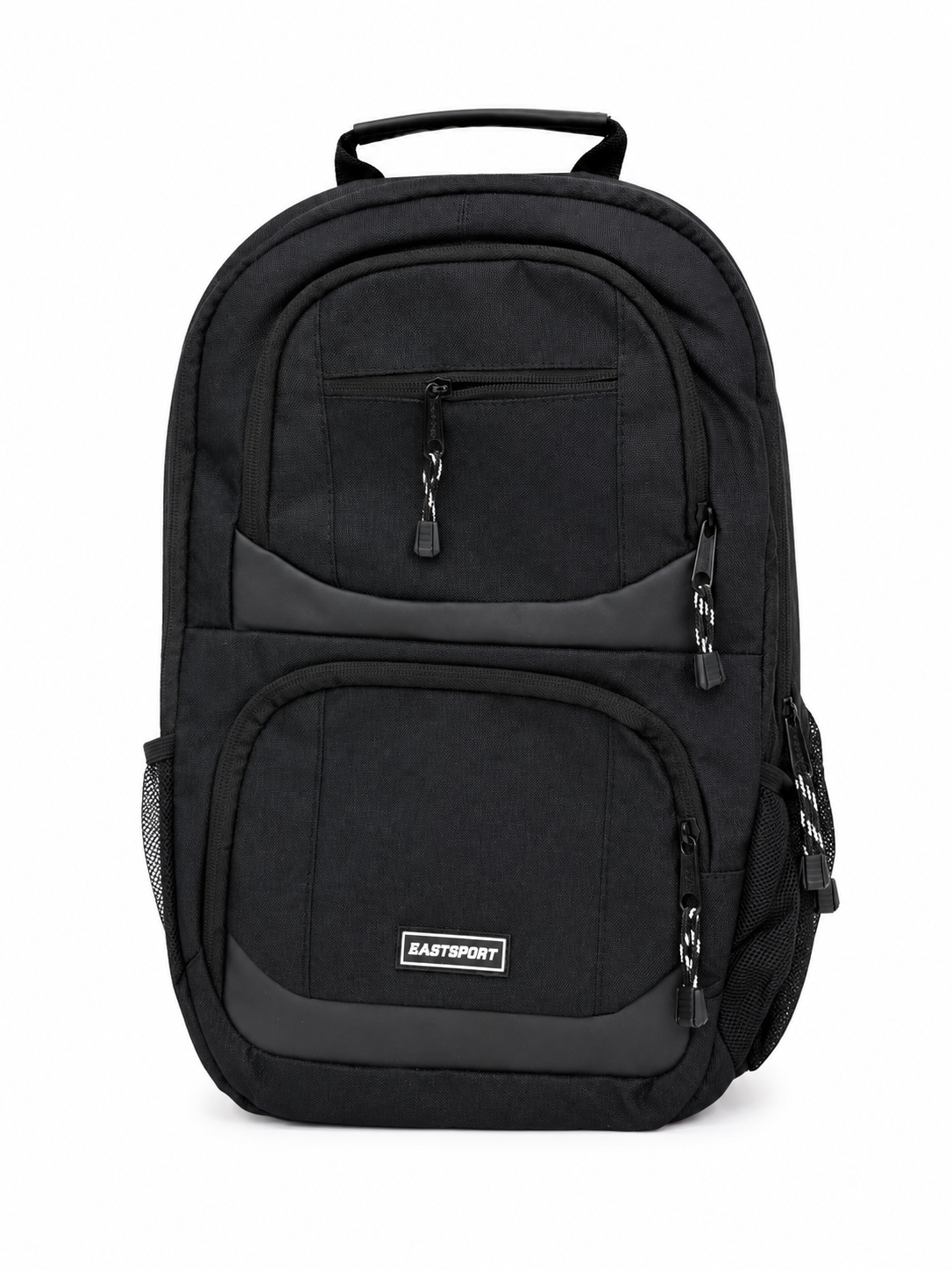 Mochila escolar y para portátil con múltiples compartimentos, bolsillo lateral para botella y cierre de cremallera, color negro.