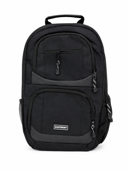 Mochila escolar y para portátil con múltiples compartimentos, bolsillo lateral para botella y cierre de cremallera, color negro.