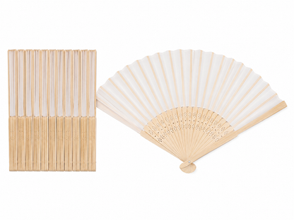 Abanicos plegables de mano color blanco con varillas color natural, set de 12.