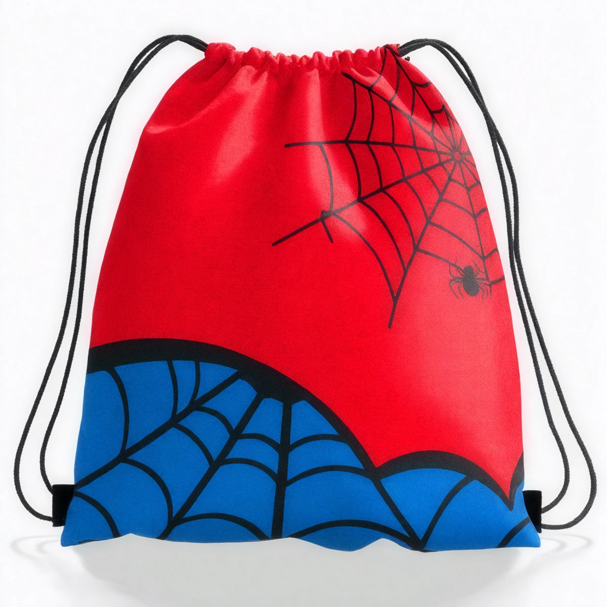 mochila tipo saco de Spider-Man presenta un diseño clásico rojo y azul con un estampado de telaraña.