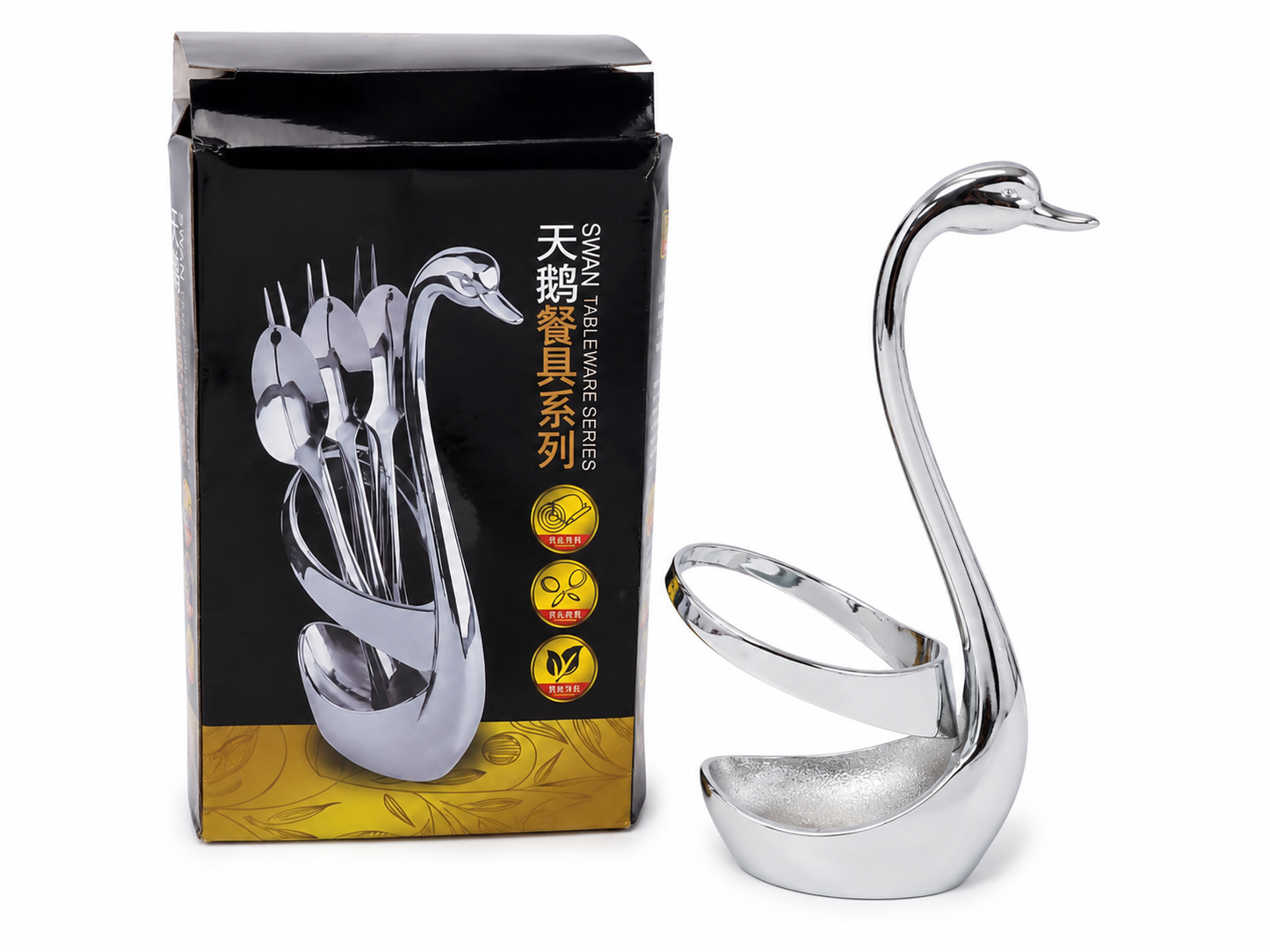 Soporte organizador para cubiertos con diseño de cisne decorativo.