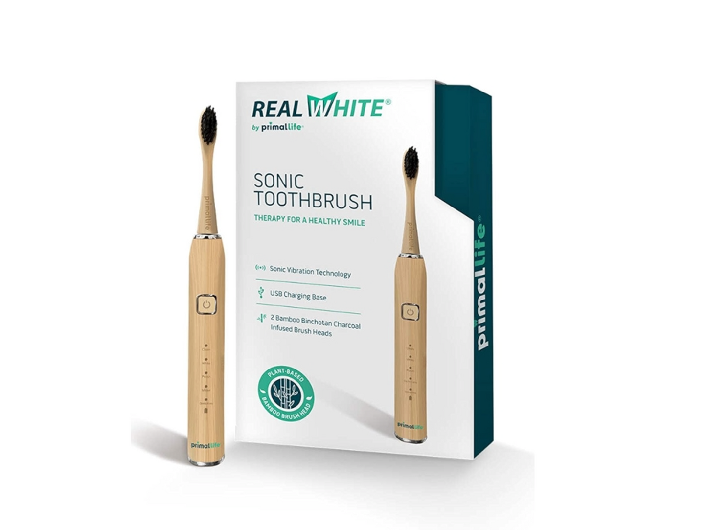 Primal Life Organics - Cepillo de dientes sónico vibratorio Real White, estilo de bambú.