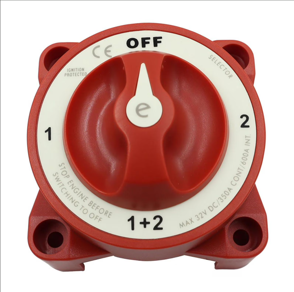 Interruptor selector de batería marino de 4 posiciones Serie E, modelo 9001E de Blue Sea Systems.