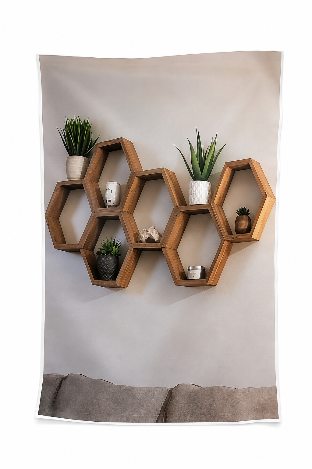 Póster decorativo con diseño de estantes hexagonales de madera para pared, 40 x 60 cm.
