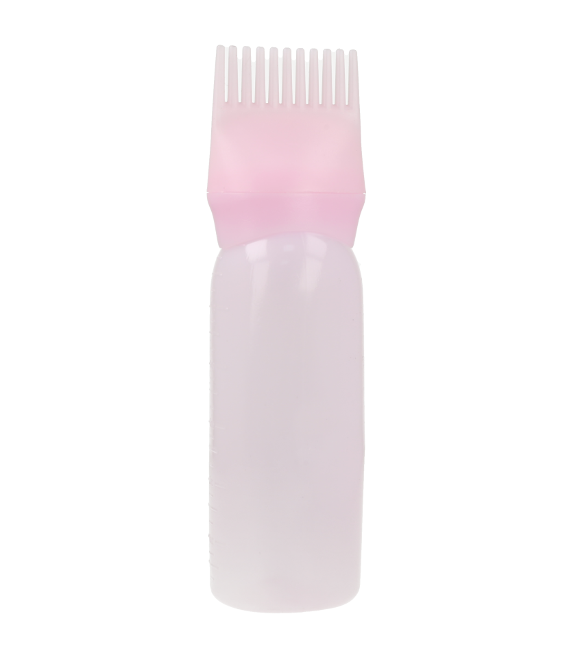 Botella aplicadora de tinte para el cabello color rosa.
