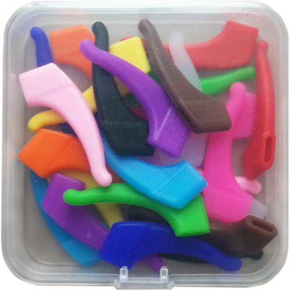 Ganchos antideslizantes de silicona para patillas de gafas en varios colores.