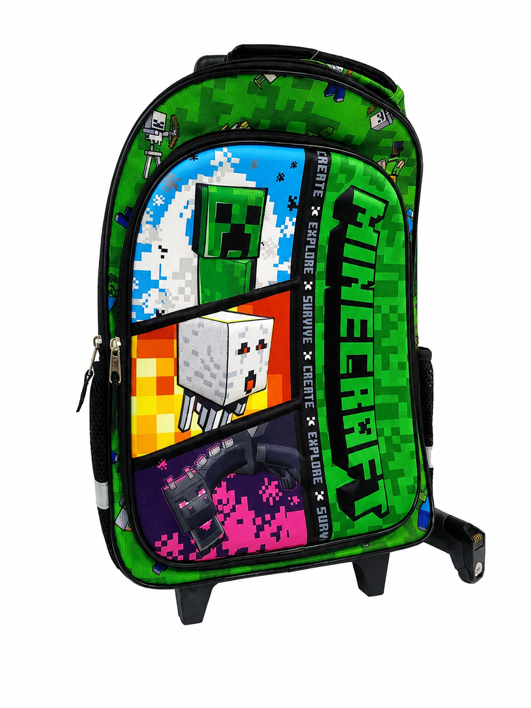 Mochila escolar con ruedas y diseño de personajes estilo bloques para niños.