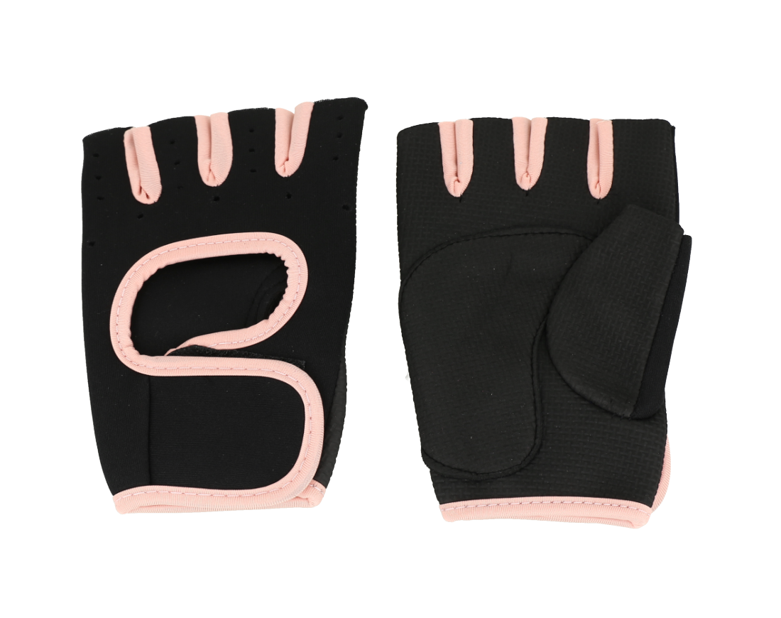 Guantes de gimnasio de medio dedo en color negro con detalles en rosa.