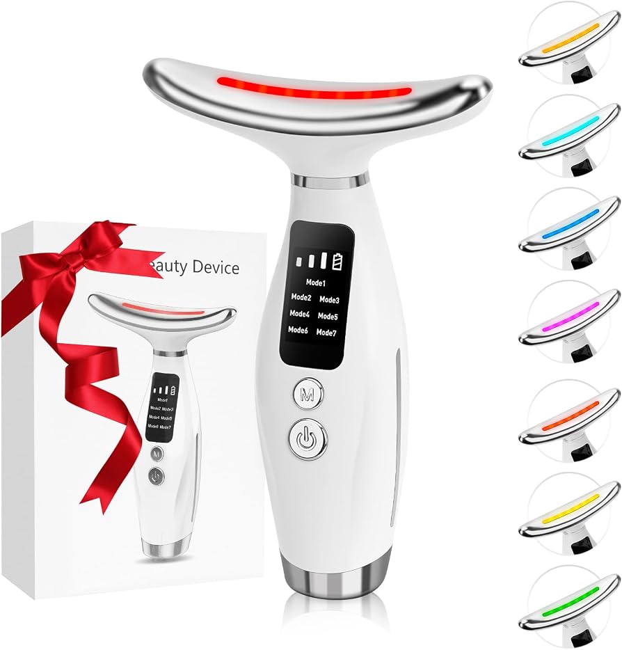 Masajeador eléctrico de belleza para cuello y rostro utiliza terapia de luz LED y calor suave para ayudar a reafirmar la piel.
