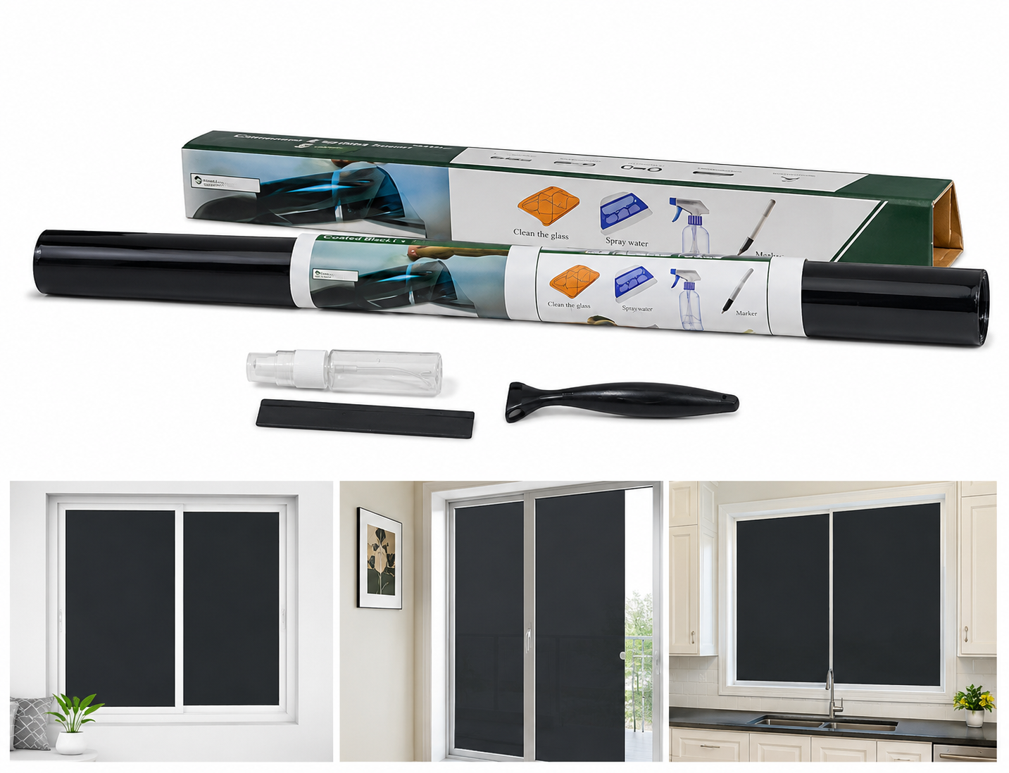 Lámina Vinílica Adhesiva para Ventana Color Negro con Kit de Instalación para Control de Privacidad y Luz.