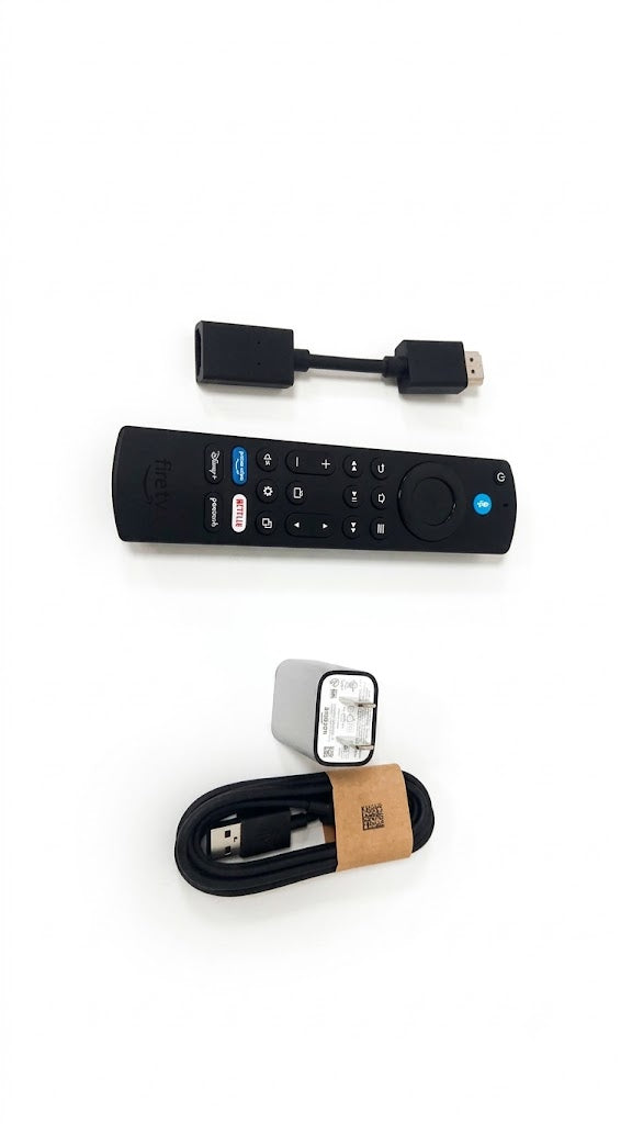 Control remoto por voz Alexa, cable de alimentación y adaptador de corriente.