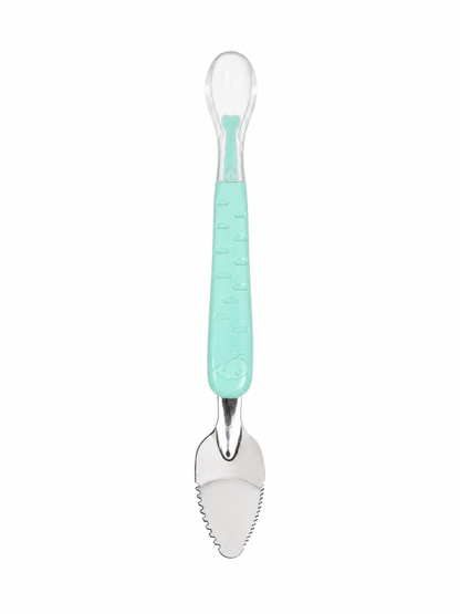Cuchara y tenedor de aprendizaje para bebé con mango ergonómico antideslizante y estuche protector.