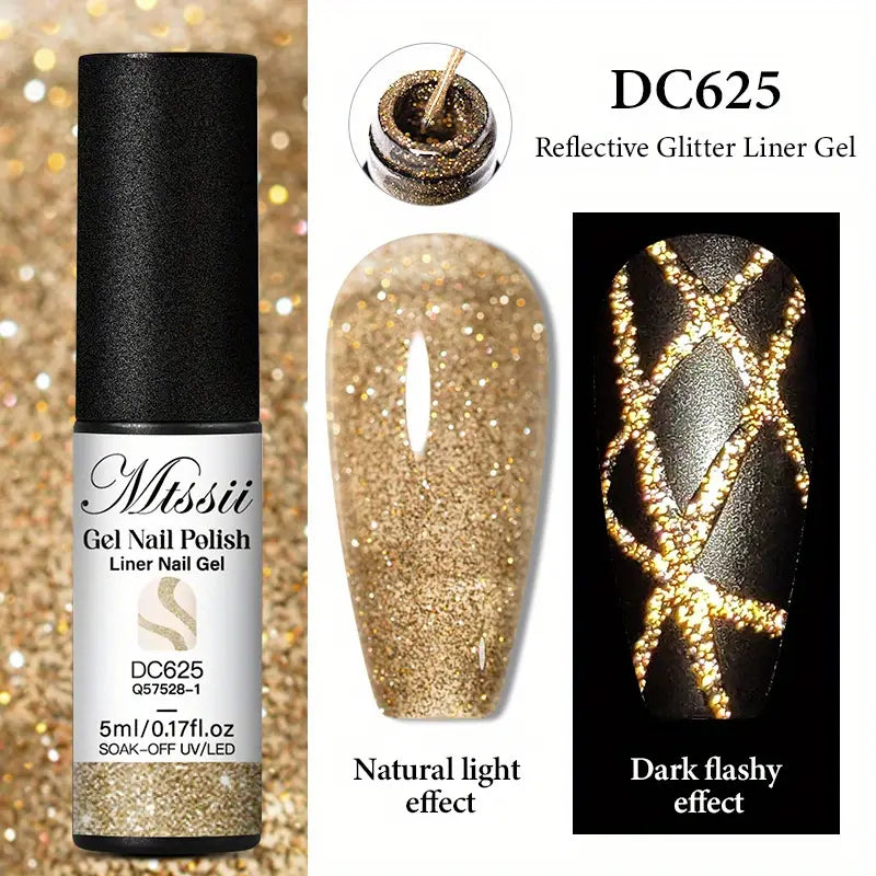 Esmalte de gel para uñas, en el tono mostrado es dorado con purpurina reflectante.
