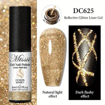 Esmalte de gel para uñas, en el tono mostrado es dorado con purpurina reflectante.
