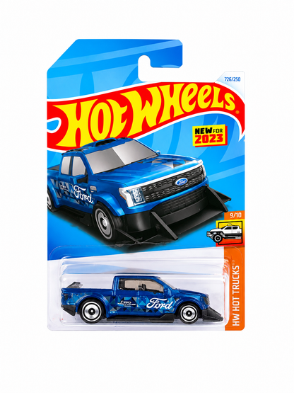 Camioneta de colección a escala Ford F-150 Lightning Custom en color azul con diseño deportivo.