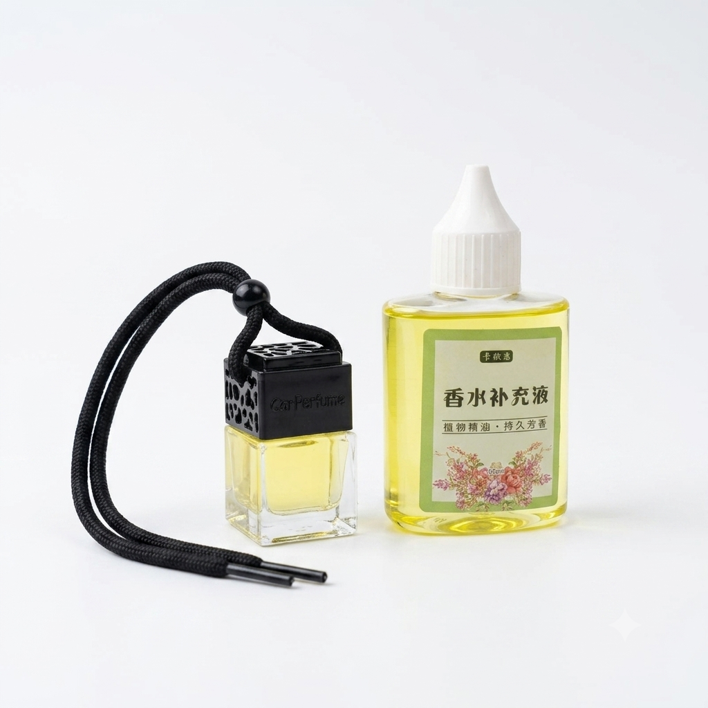 Combo difusor colgante de perfume 8 ml con tapa negra y una botella de repuesto de 60 ml.