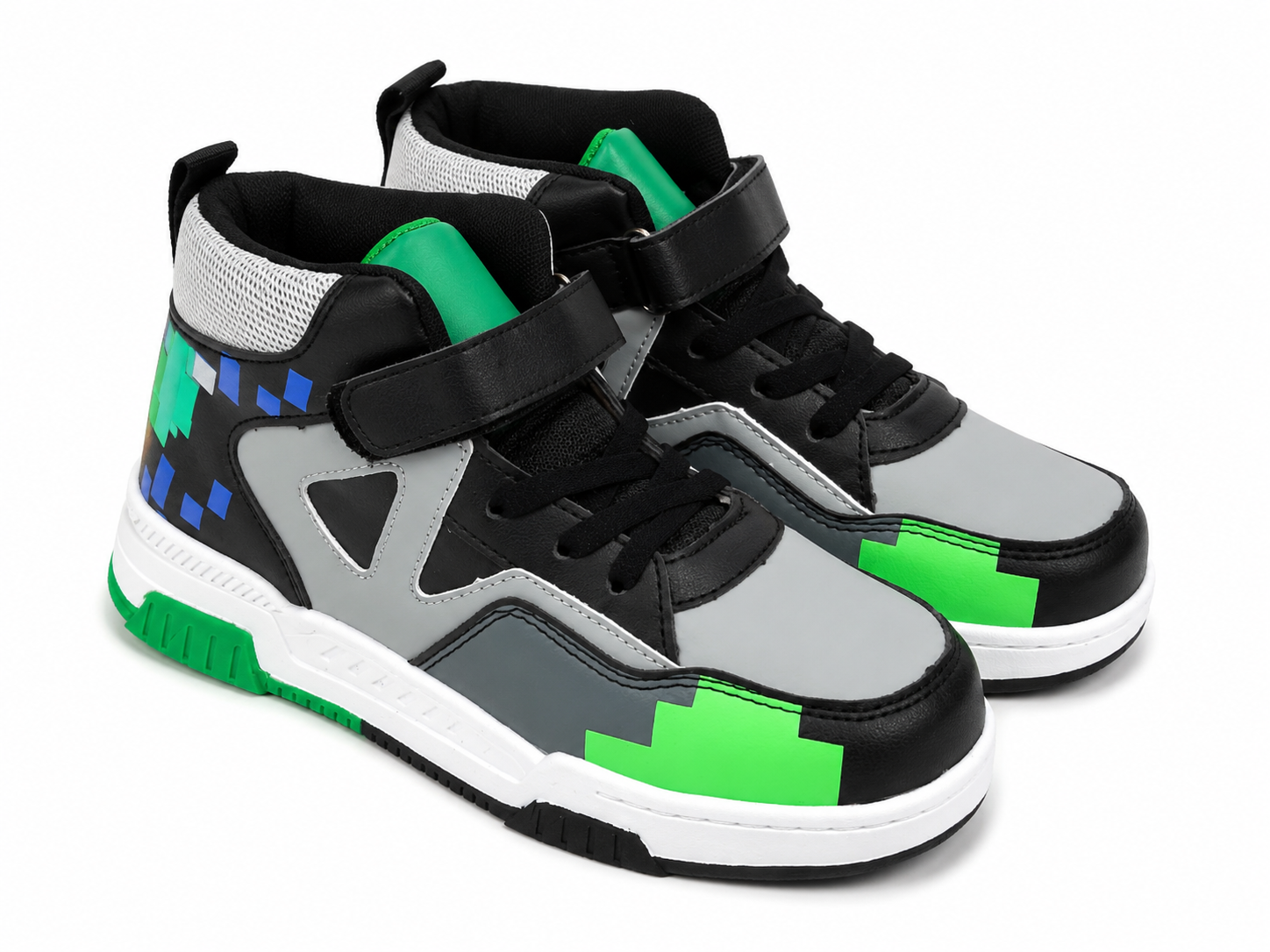 Tenis deportivos de caña alta en negro, gris y verde neón con correa ajustable, talla 36.