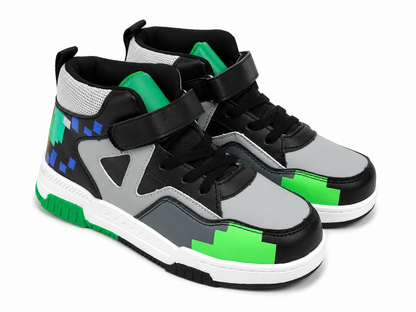 Tenis deportivos de caña alta en negro, gris y verde neón con correa ajustable, talla 36.