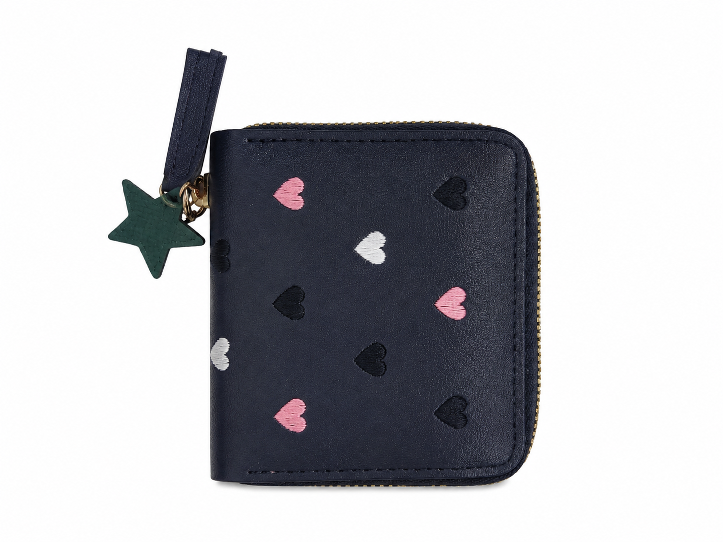 Billetera compacta con cierre de cremallera, diseño de corazones bordados y colgante decorativo en forma de estrella.