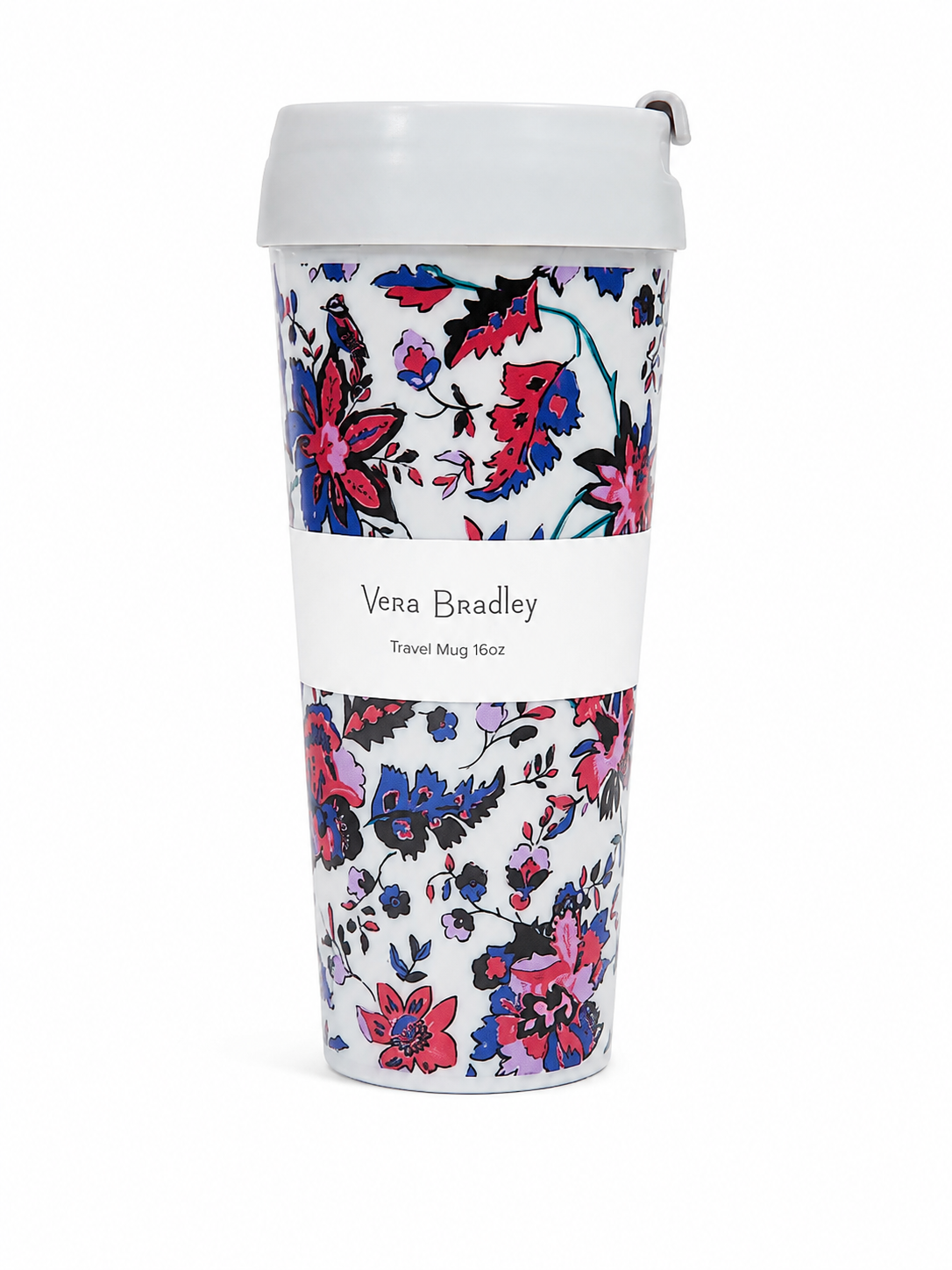 Vaso térmico de viaje con diseño floral y tapa blanca de 16 oz.