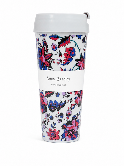 Vaso térmico de viaje con diseño floral y tapa blanca de 16 oz.