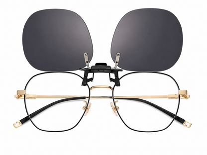 Gafas graduadas con clip magnético de lentes oscuros abatibles.