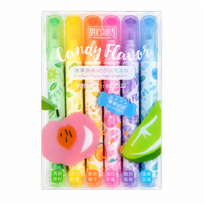 Set de 6 resaltadores de colores con diseño de frutas y aroma frutal.