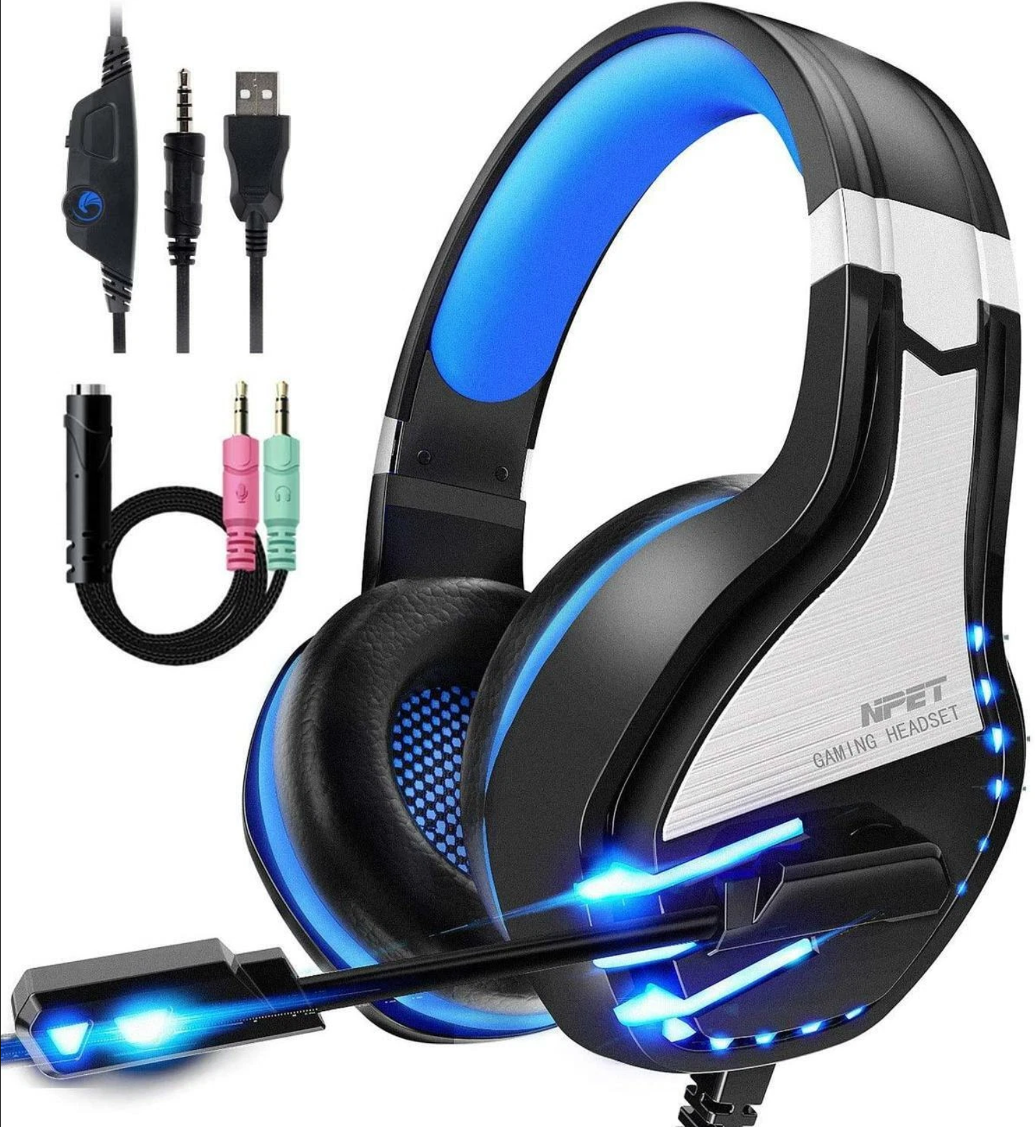 Auriculares estéreo para juegos, Retroiluminación LED con cancelación de ruido