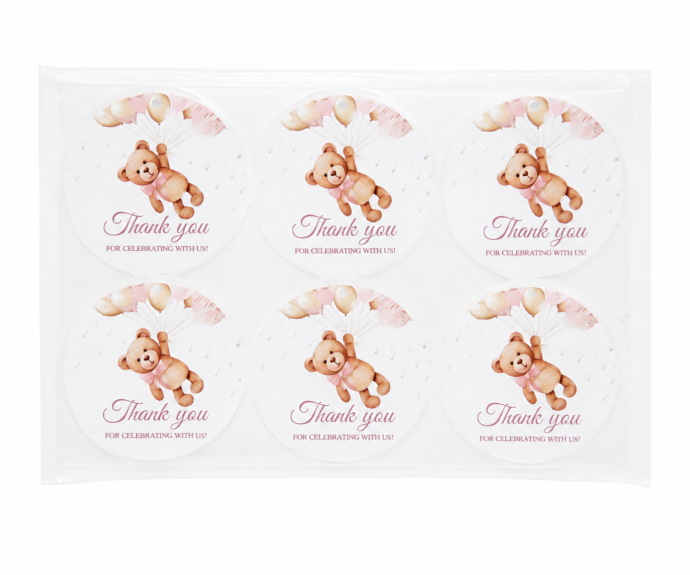 Pack de 48 etiquetas de agradecimiento con diseño de oso y globos para celebraciones.