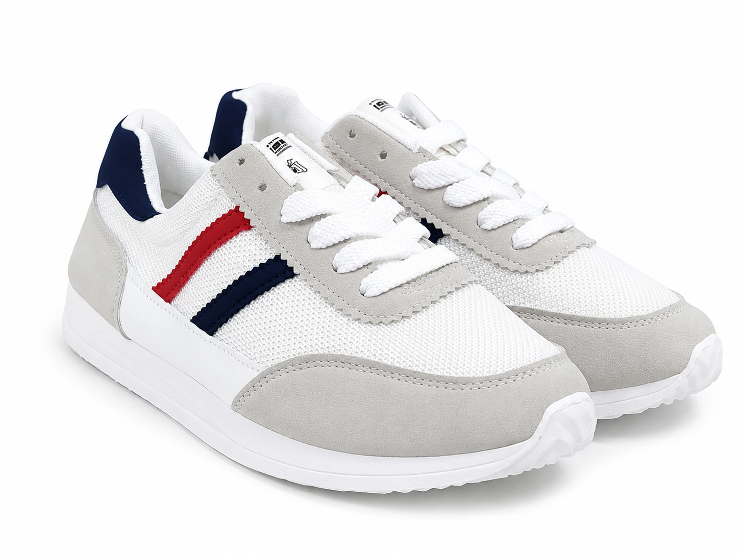 Zapatos deportivos casuales unisex de malla transpirable en color blanco con detalles gris, rojo y azul marino, talla 40.5.