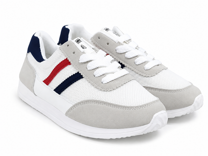 Zapatos deportivos casuales unisex de malla transpirable en color blanco con detalles gris, rojo y azul marino, talla 40.5.
