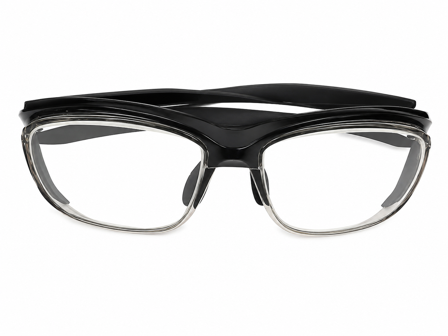 Gafas de protección transparentes con montura deportiva negra y gris.