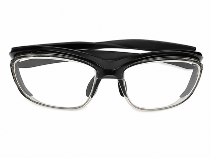 Gafas de protección transparentes con montura deportiva negra y gris.