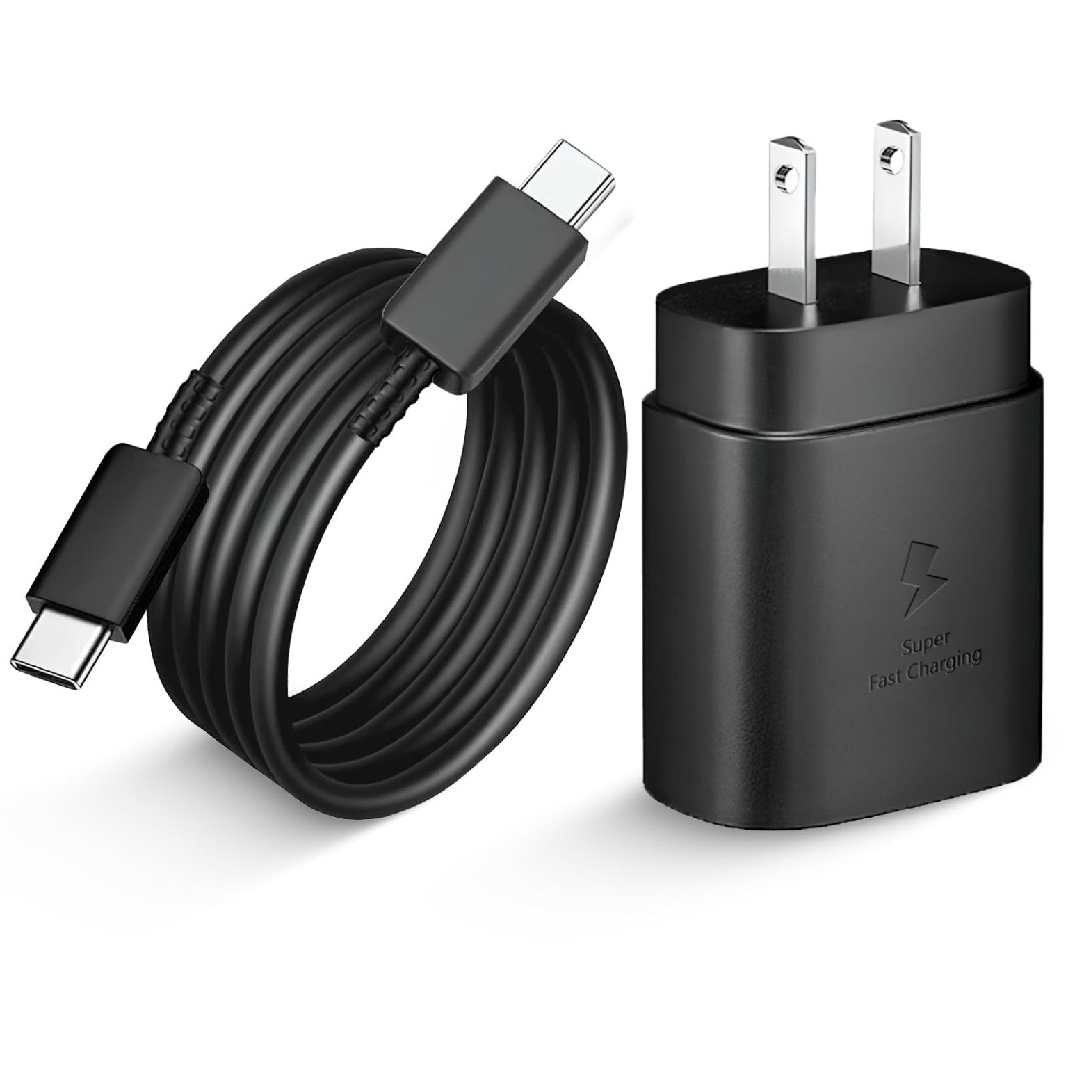 Cargador de pared con cable USB-C de carga rápida color negro.
