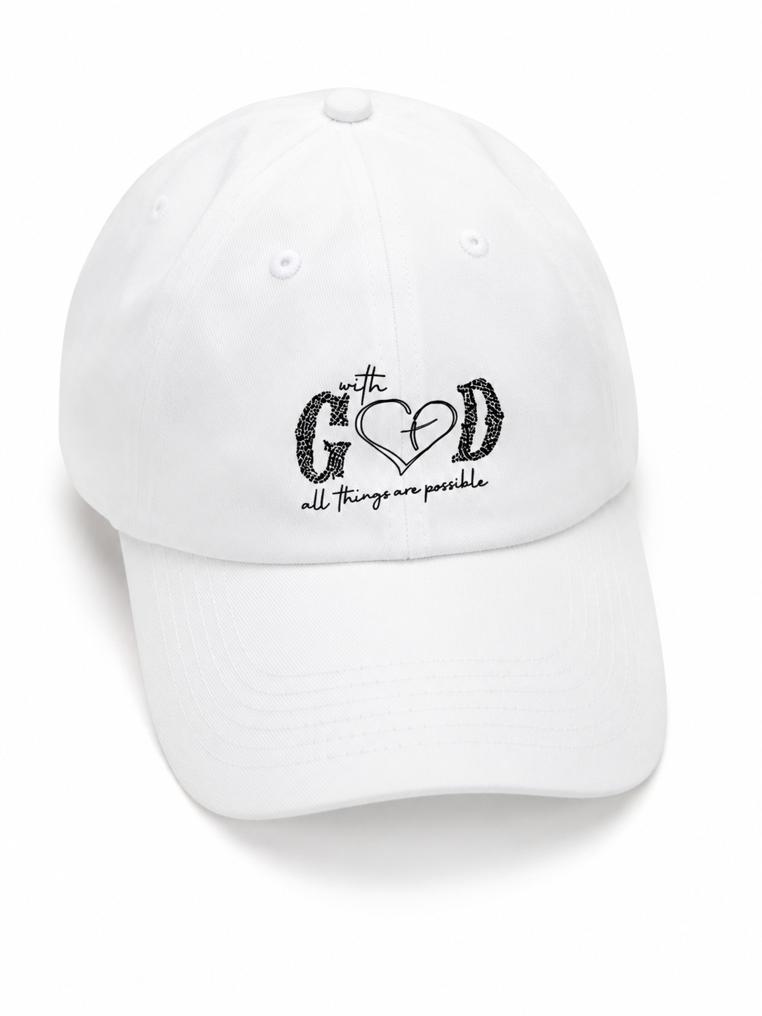 Gorra blanca con visera curva y diseño gráfico negro con mensaje inspirador.