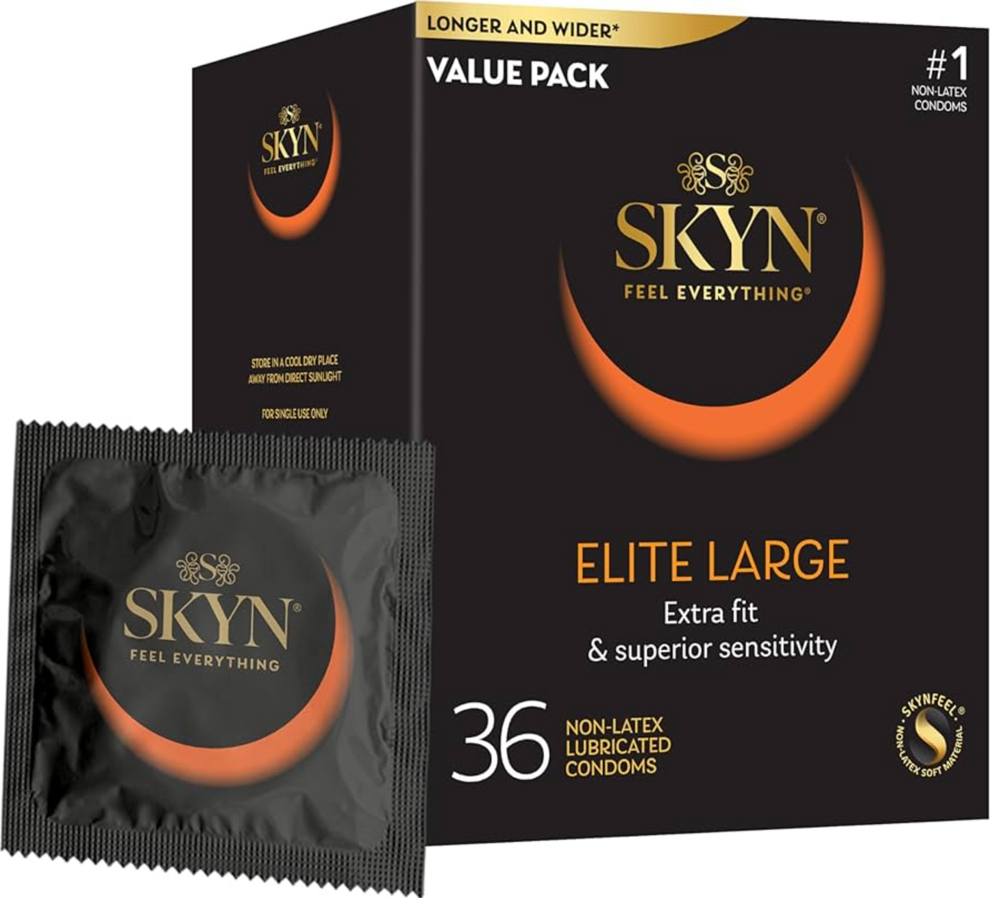 SKYN Elite, Preservativos grandes, 36 unidades ultrafinos, lubricados sin látex.