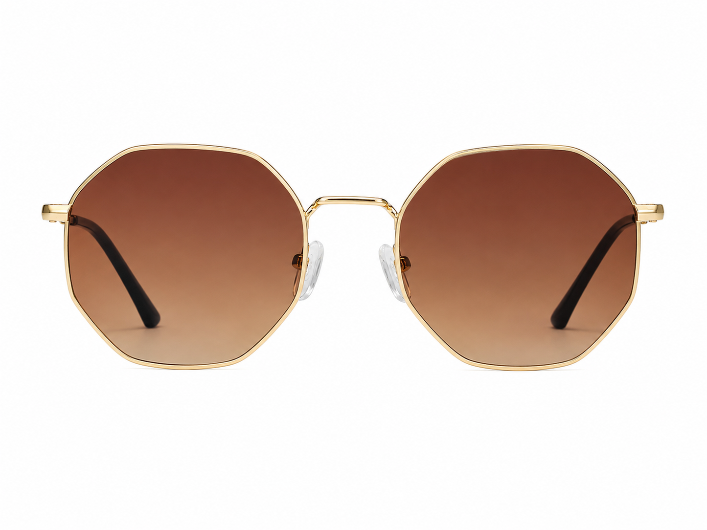Gafas de Sol Octagonales con Montura Metálica Dorada y Lentes Degradados Marrón.