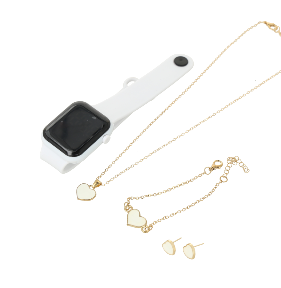Conjunto de joyería y reloj electrónico para niñas y piezas a juego con diseño de corazón.